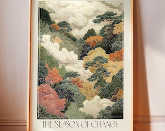 Japandi Fall Forest printable Wall Art maximalist Autumn Decor Art Nouveau Japanese Poster sage green vintage Poster extra large Wall Art