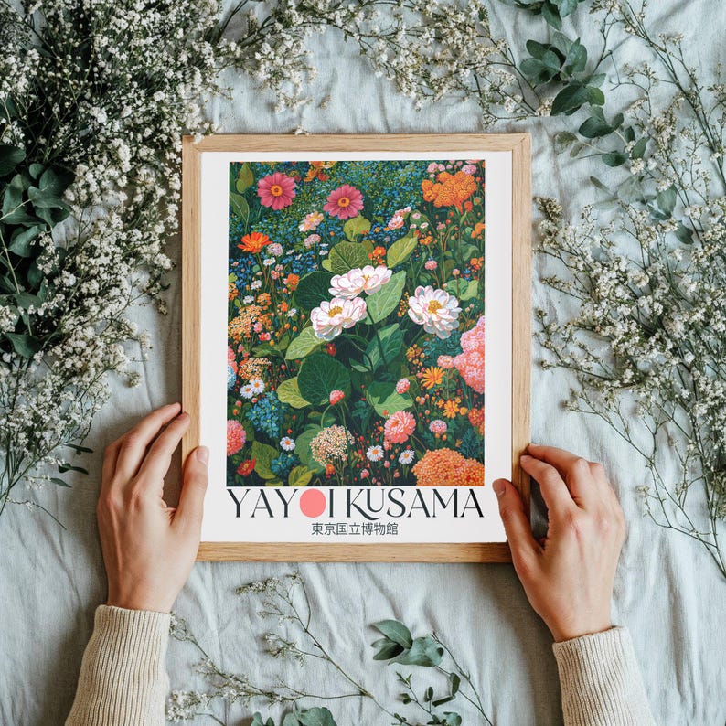 Yayoi Kusama printable Japanese Wall Art Floral sage green Japandi Wall Art Maximalist dopamine decor extra large Botanical Art Print