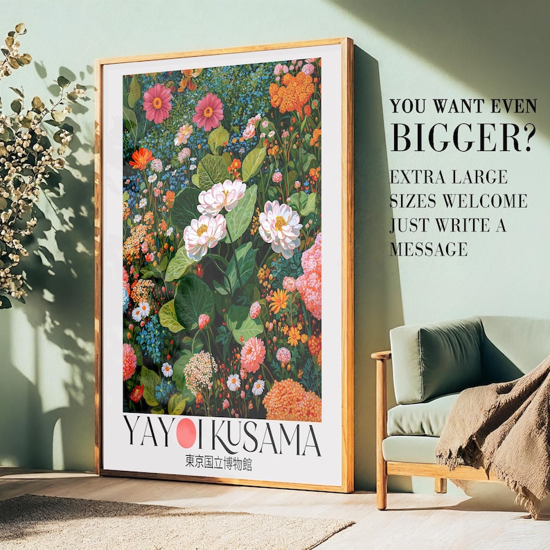 Yayoi Kusama printable Japanese Wall Art Floral sage green Japandi Wall Art Maximalist dopamine decor extra large Botanical Art Print
