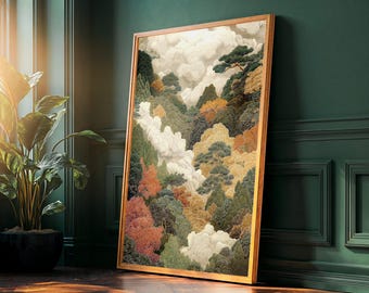 Japanese Wall Art Fall Decor printable Forest Painting maximalist Autumn Decor Art Nouveau Japandi Print sage green vintage Poster