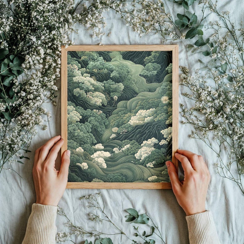 Japanese Forest Wall Art Maximalist Print Sage Green Wabi Sabi Painting japandi Art chinoiserie poster extra large printable wall art