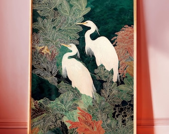 Japanese chinoiserie Bird Wall Art Maximalist Sage Green Print wabi sabi Heron Painting japandi living room poster large printable wall art