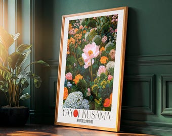Floral Yayoi Kusama Print, printable Japanese Wall Art, pink and green Dopamine Decor