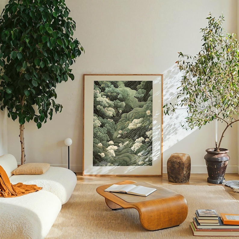 Japanese Forest Wall Art Maximalist Print Sage Green Wabi Sabi Painting japandi Art chinoiserie poster extra large printable wall art