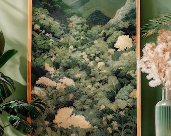 Japandi Forest Wall Art printable Maximalist Sage Green Flower Painting Japanese digital Floral poster
