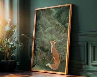 Japanese Painting Botanical Wall Art Japanese Wall Art Sage Green Poster Fox Art Zen Garden Wabi Sabi Print Minimalist Wall Art Japandi Art