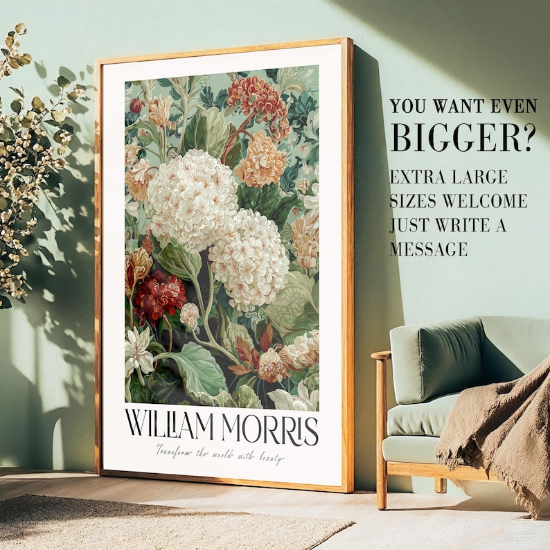 Maximalist Wall Art printable William Morris Hydrangea Print botanical sage green vintage Flower Poster extra large Floral wall art
