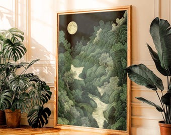Japanese Wall Art Maximalist Moon Print japandi Art Wabi Sabi Painting Sage Green dopamine decor poster extra large printable wall art