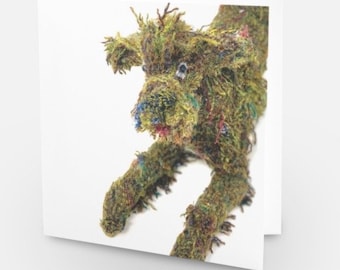 Greetings card blank inside . Scruffy tweedy dog fabric covered sculpture. Image art on to glossy card 14cm x 14cm square .