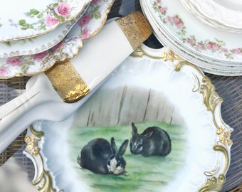 French Hand Painted Bunnies Vintage Antique Plate