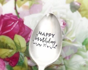 HAPPY BIRTHDAY Hand Stamped Vintage Teaspoon Genuine Silverplate