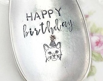 HAPPY BIRTHDAY Hand Stamped Vintage Teaspoon Genuine Silverplate with Cat Kitty