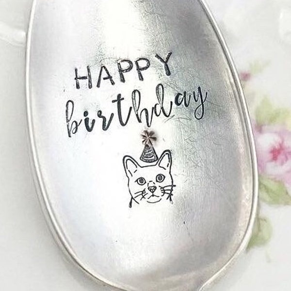 HAPPY BIRTHDAY Hand Stamped Vintage Teaspoon Genuine Silverplate with Cat Kitty