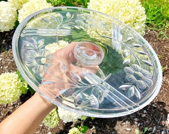 Vintage Etched Cut Glass Cake Stand