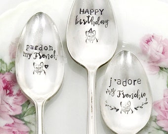 Frenchie French Bulldog Hand Stamped Vintage Teaspoon Genuine Silverplate Great Gift / Hostess / Birthday