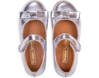 Silver Mary Jane Shoes, Genuine Leather Flower Girl Shoes