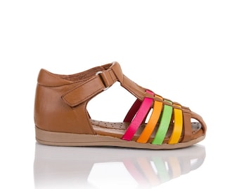 Children Sandals Rainbow Leather Sandals Girl Sandals Handmade Baby Sandals Girl Toddler Sandals Leather Kids Sandals Tan Baby Sandals