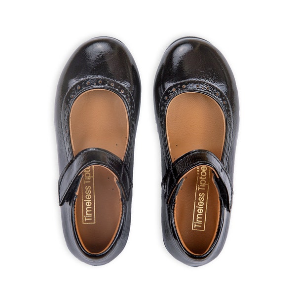 Black Genuine Patent Leather School Shoes for Girls, Black Mary Janes Shoes for Girls, School Girls' Shoes Mary Janes, Velcro School Shoes