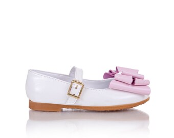 Mary Janes de cuero blanco para niña con lazo rosa, zapatos para niña de las flores