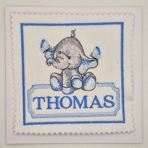 Tarjeta bordada con elefante para recién nacido (personalizada)