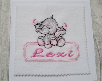 Embroidered new baby girl personalised card
