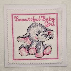 Tarjeta bordada con elefante para niña recién nacida