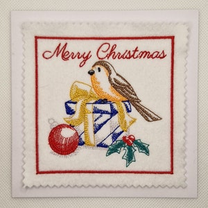 Carte brodée Robin avec croquis de Noël
