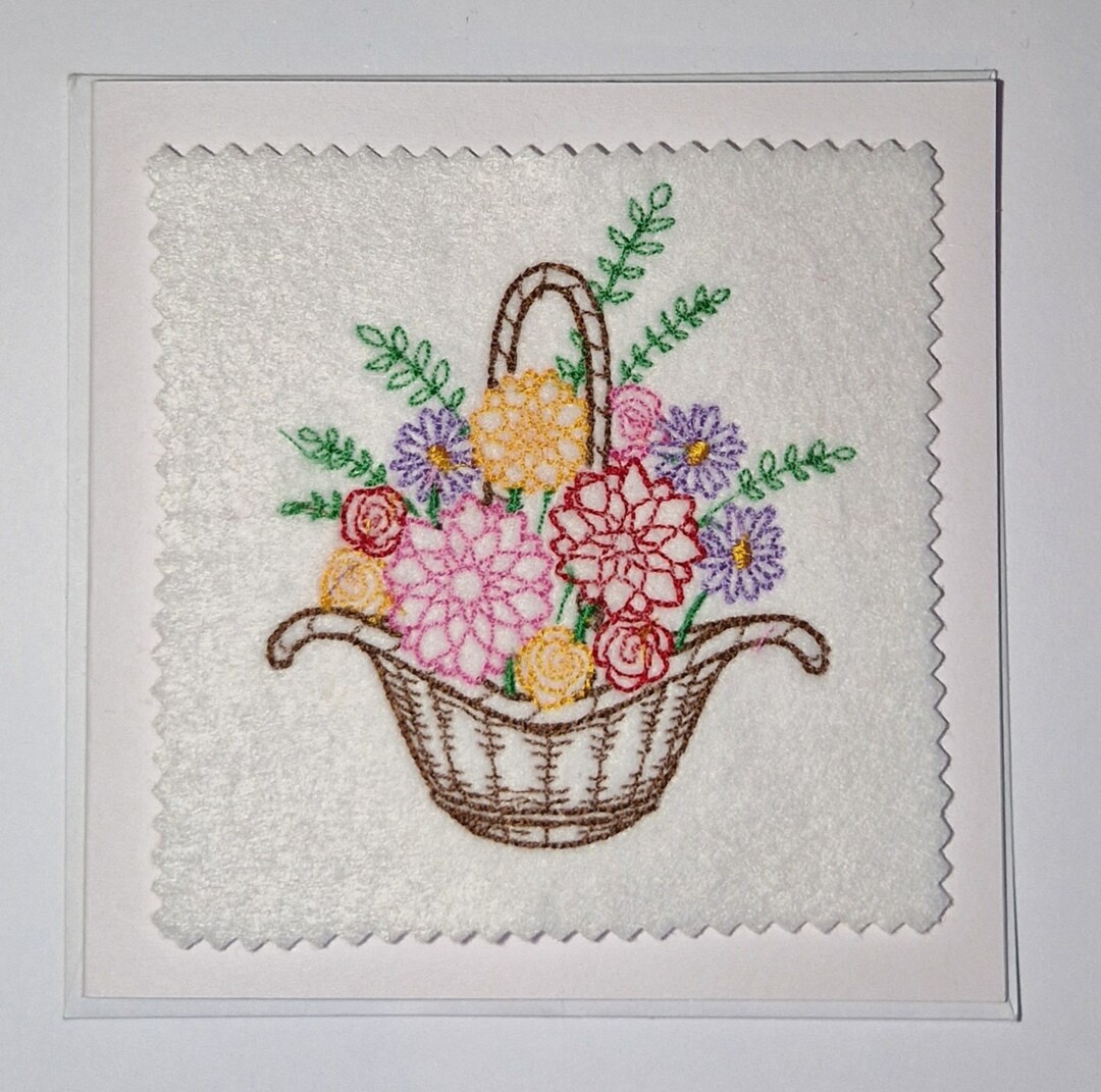 Embroidered Flower Basket Card Etsy