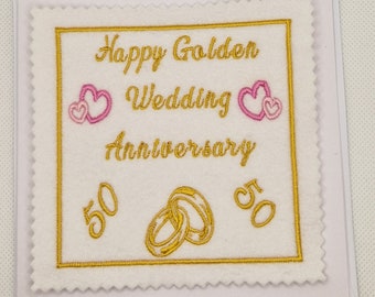Gestickte Karte zur Goldenen Hochzeit (personalisiert)