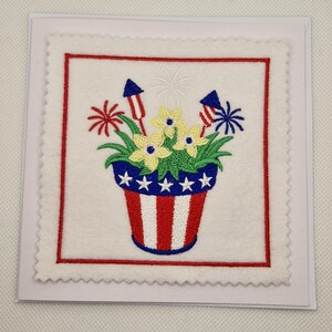 Carte brodée pot de fleur Amérique du 4 juillet