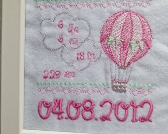 Birth announcement framed hot air balloon picture embroidered