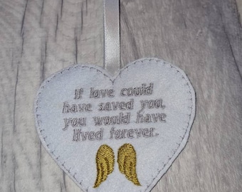 Embroidered in loving memory, loved one heart personalised decoration