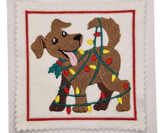 Embroidered Christmas Lights Tangled Dog Card
