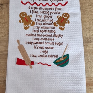 Embroidered Christmas Gingerbread Cookie Recipe Tea Towel
