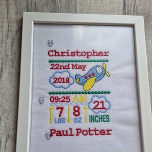 Embroidered Birth Announcement Framed Plane Picture