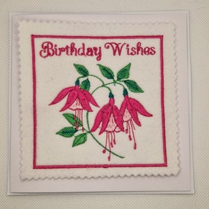 Gestickte Fuchsia Blumen Geburtstagskarte