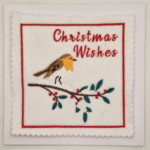 Carte brodée branche de rouge-gorge de Noël
