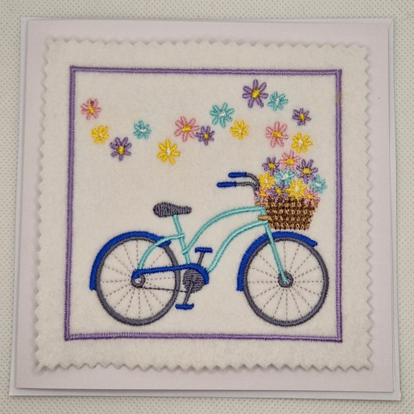 Carte brodée fleur vélo