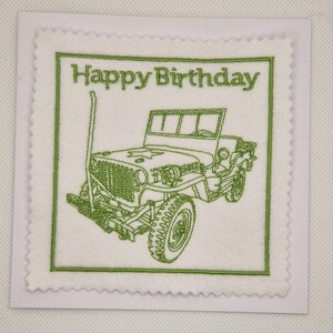 "Gestickte ""Jeep Car"" Geburtstagskarte."