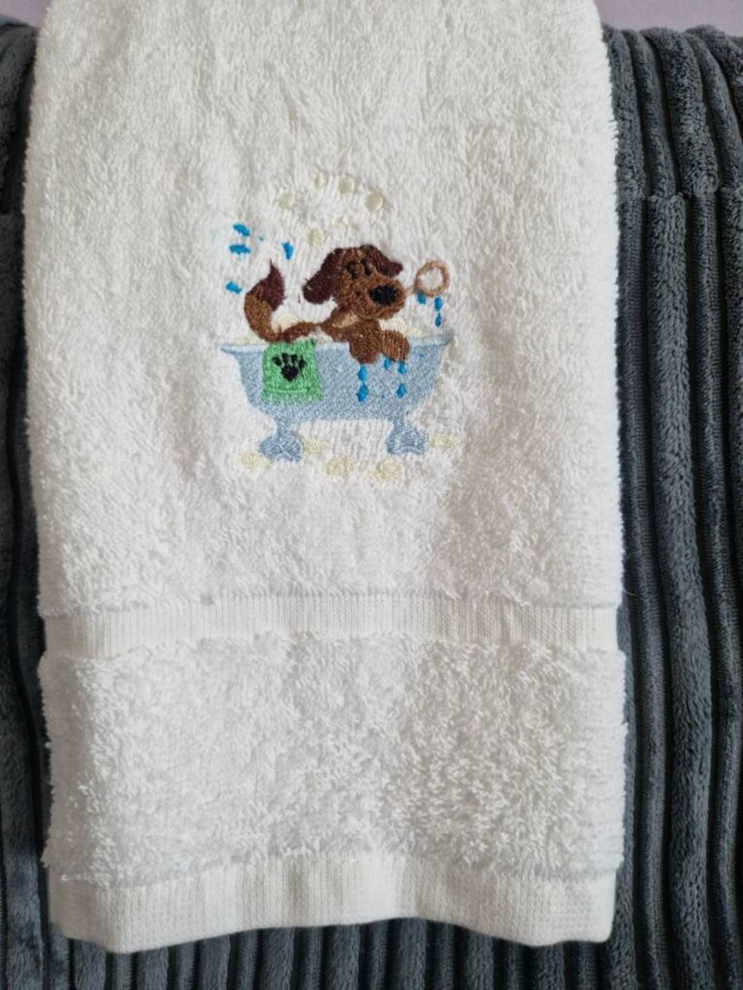 Embroidered Bathing Dog Hand Towels Etsy UK