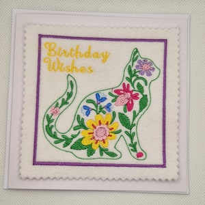 Carte brodée chat fleur d'anniversaire