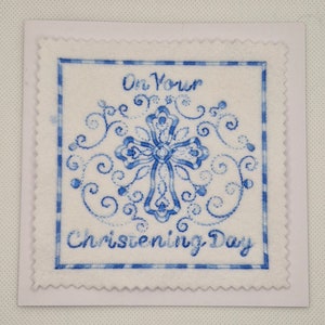 Carte brodée croix de baptême garçon
