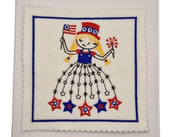 Embroidered America 4th July Girl Independence Day Card