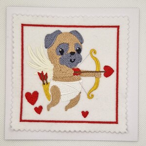 Gestickte Hunde Mops Love Valentines Cupid Karte
