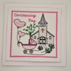 Carte brodée église de baptême fille