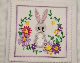 Embroidered Easter Bunny Flowers Card