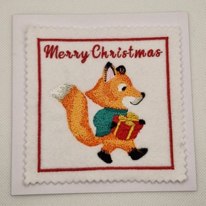 Carte brodée renard de Noël
