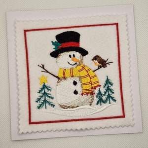 Carte brodée Robin de Noël bonhomme de neige