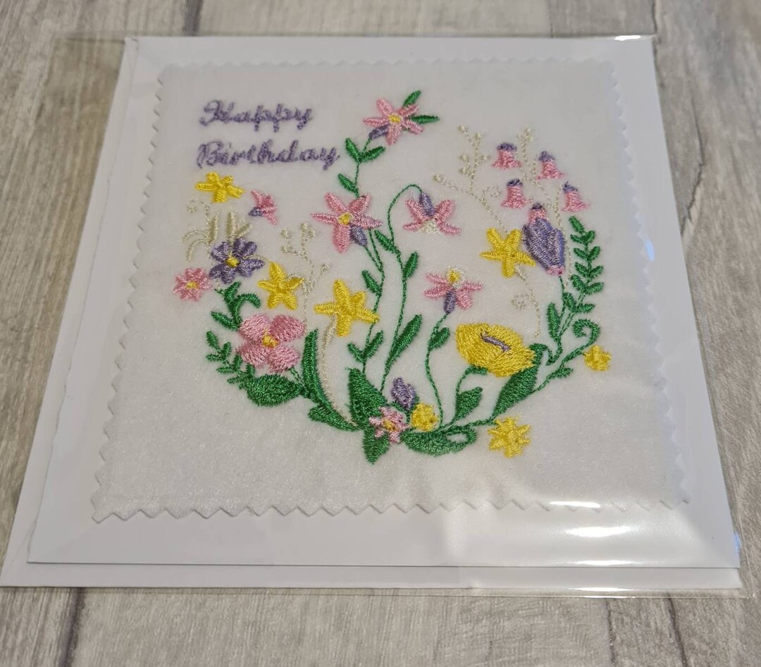 Embroidered Birthday Flowers Card Etsy