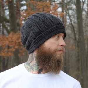 Crochet Pattern for Men's Slouchy Hat, faux knit crochet hat, Crochet Ribbed Textured Slouchy Beanie Skull Cap Knit Look Gray image 1